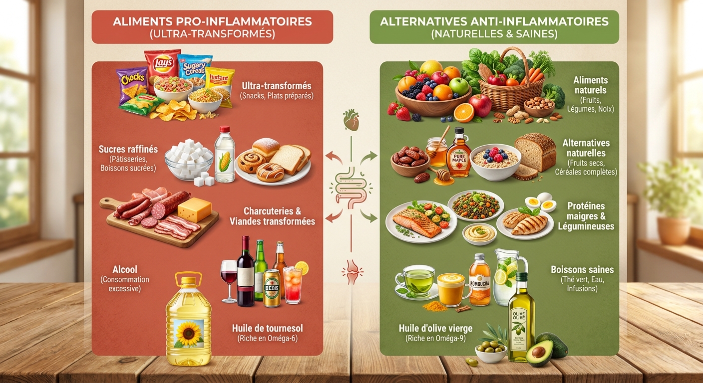 Infographie comparative des aliments pro-inflammatoires et de leurs alternatives anti-inflammatoires
