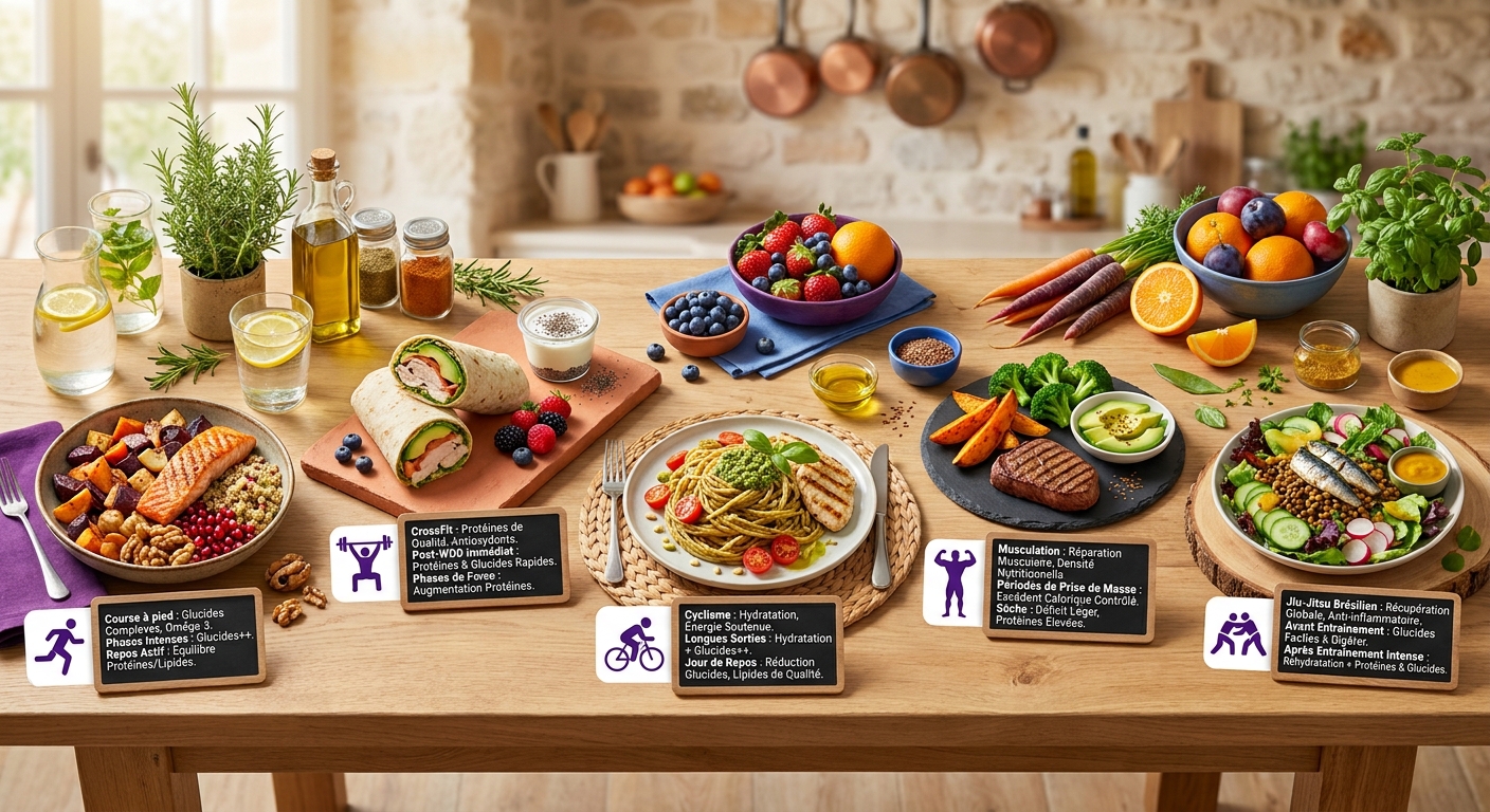 Infographie de l'adaptation nutritionnelle selon la discipline sportive en récupération