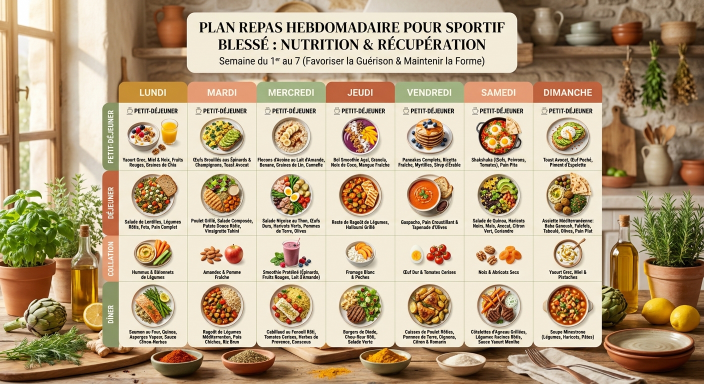 Infographie du plan repas 7 jours anti-inflammatoire pour sportif blessé