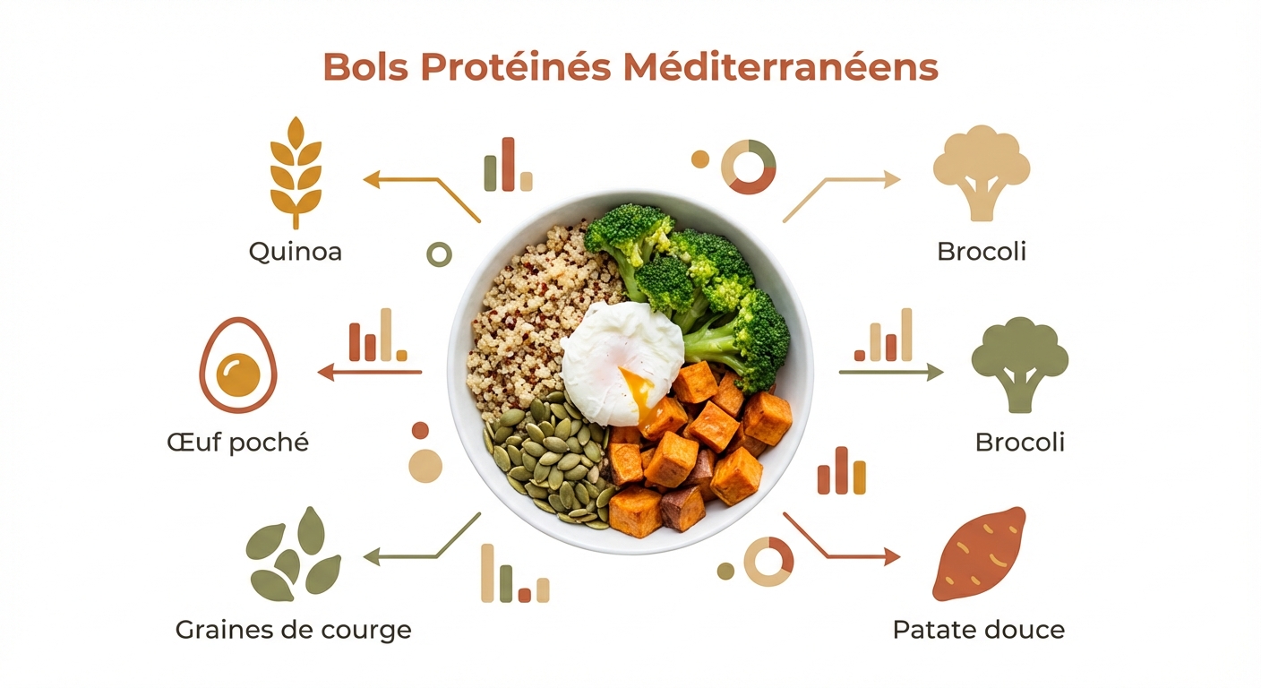 Bowl protéiné récupération avec quinoa, œuf poché, graines de courge et brocoli
