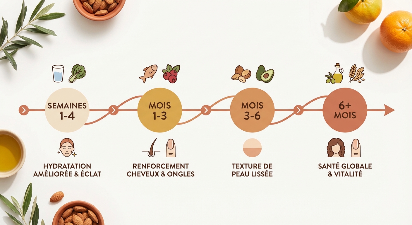 Chronologie des effets visibles d'un changement alimentaire sur la peau, les cheveux et les ongles