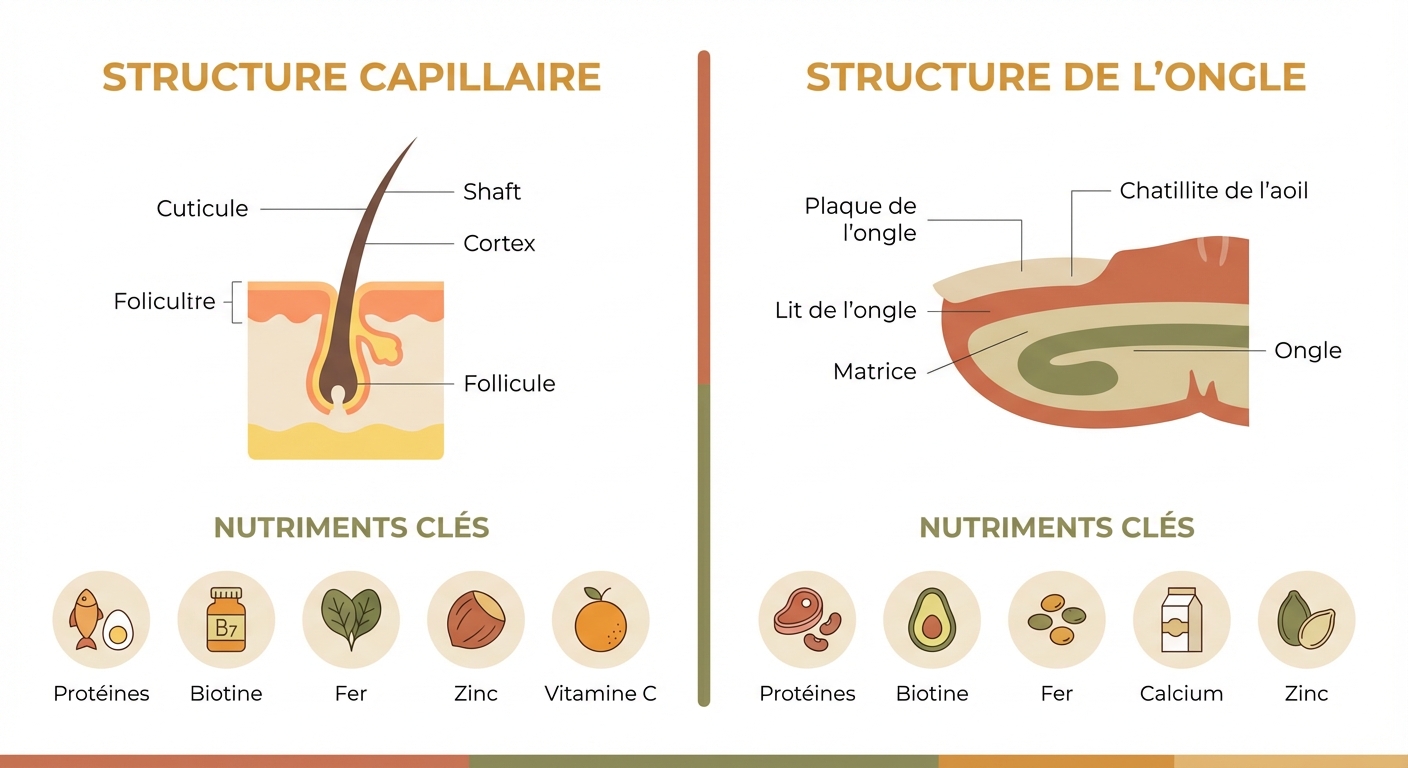 Comparaison de la structure du cheveu et de l'ongle avec les nutriments essentiels pour chacun