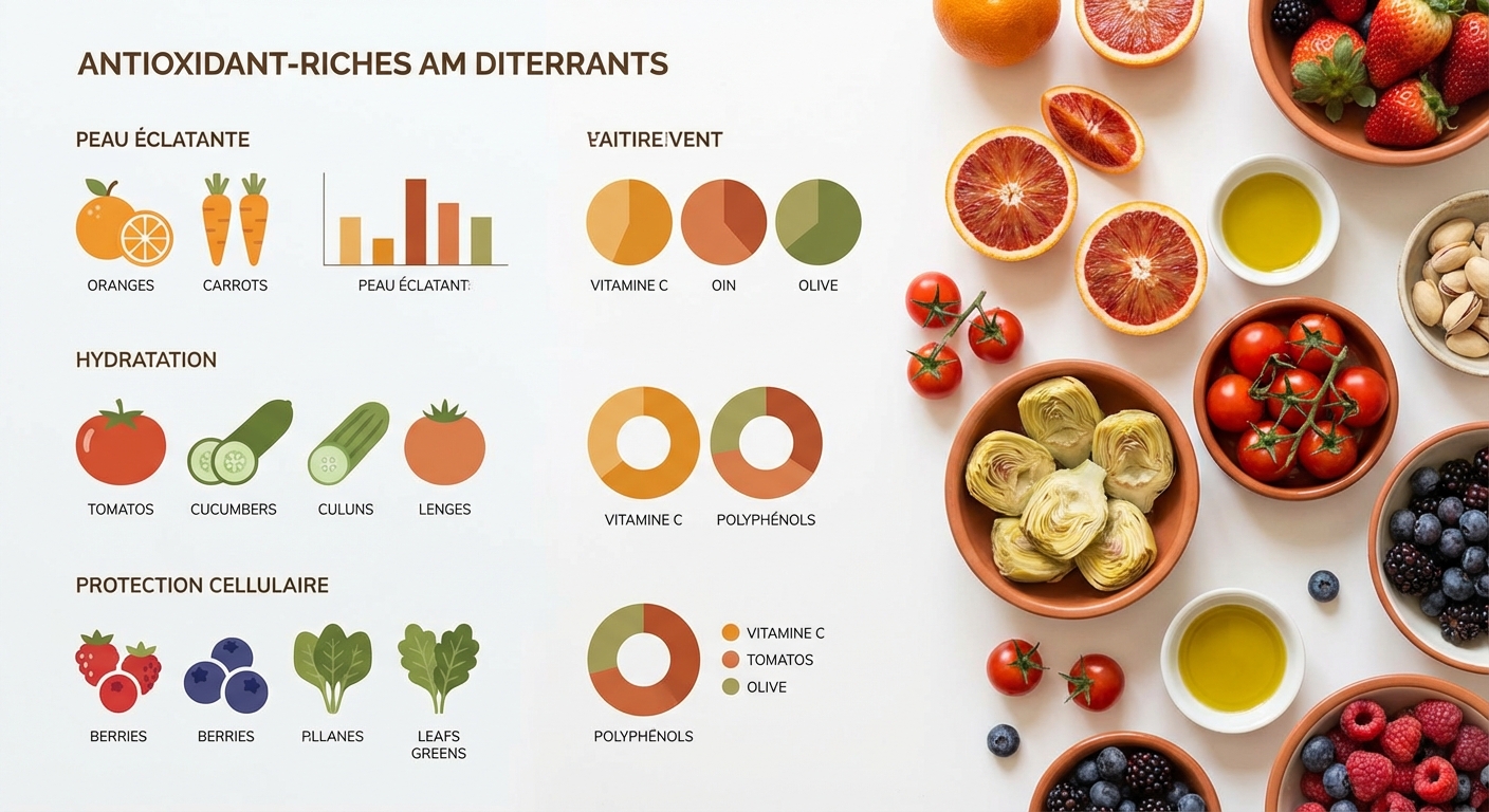 Fruits et légumes antioxydants classés par bénéfice cutané