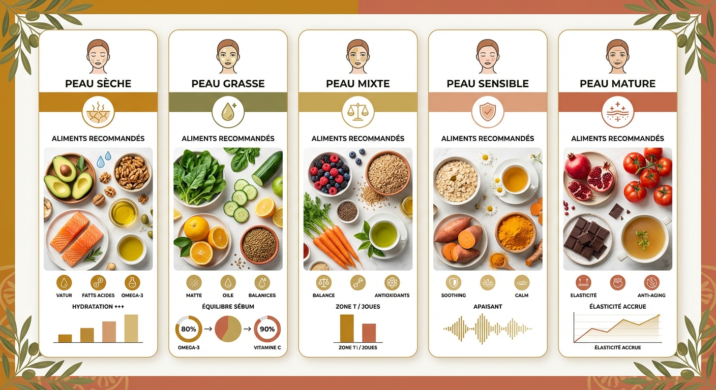 Guide visuel des aliments recommandés pour chaque type de peau