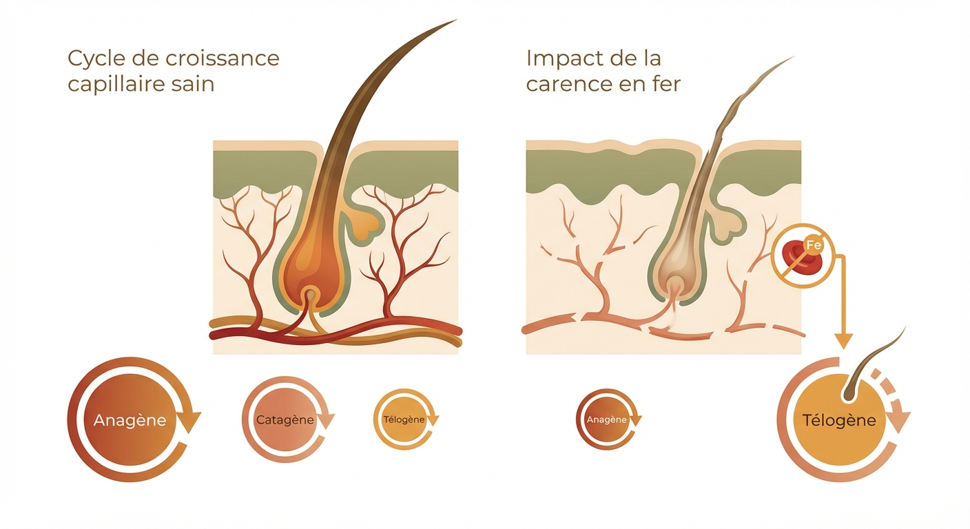 Impact de la carence en fer sur le cycle de croissance du follicule pileux