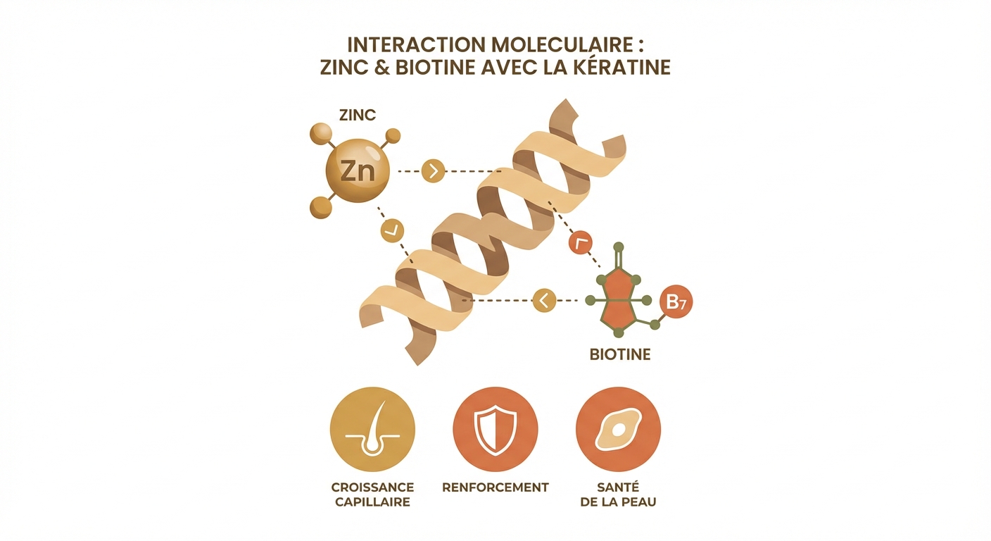 Interaction du zinc et de la biotine avec la structure de la kératine