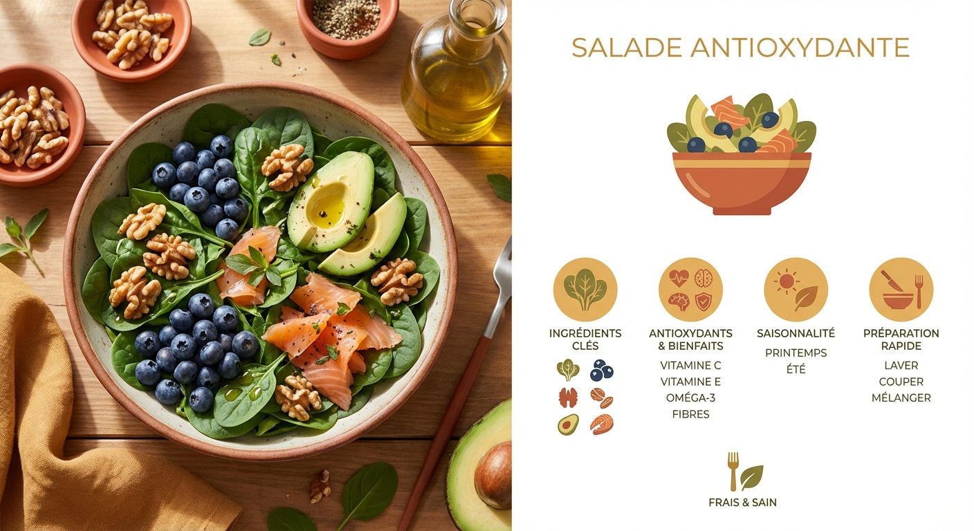 Salade antioxydante beauté aux épinards, myrtilles, noix et avocat
