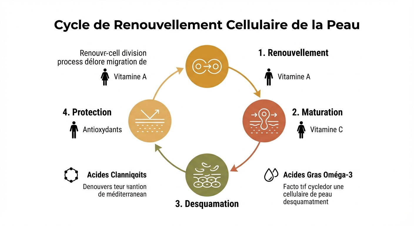 Schéma du cycle de renouvellement cellulaire cutané et nutriments impliqués à chaque étape