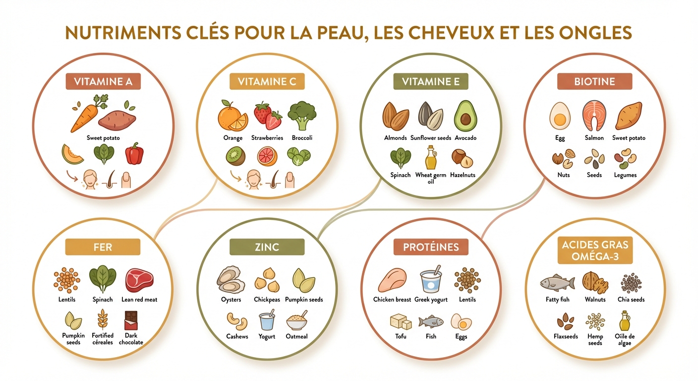 Tableau des 8 nutriments essentiels pour la peau, les cheveux et les ongles avec leurs sources alimentaires