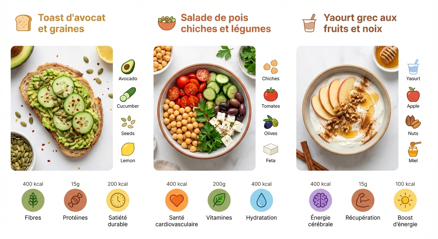 3 recettes anti-compulsion : porridge chocolat-banane, bowl protéiné cacao, collation amandes-chocolat noir