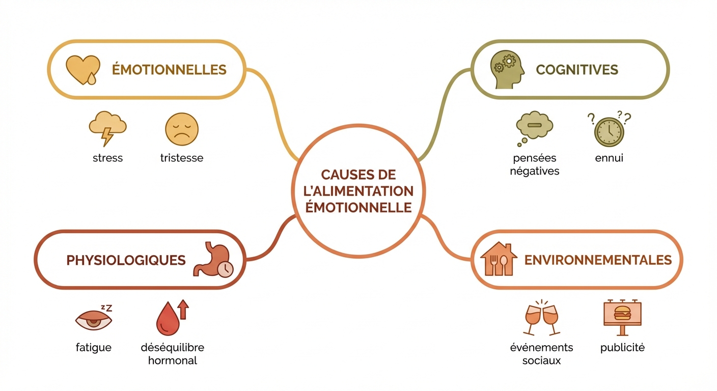 Carte mentale des 4 catégories de causes de l'alimentation émotionnelle