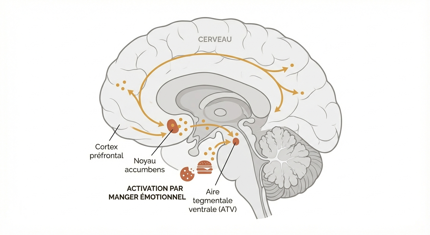 Schéma du circuit cérébral de la récompense activé par l'alimentation émotionnelle