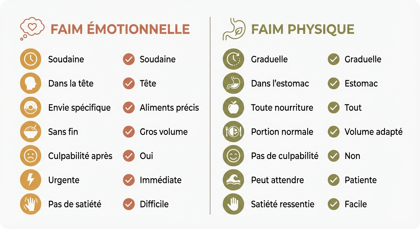 Tableau comparatif faim émotionnelle versus faim physiologique en 7 critères
