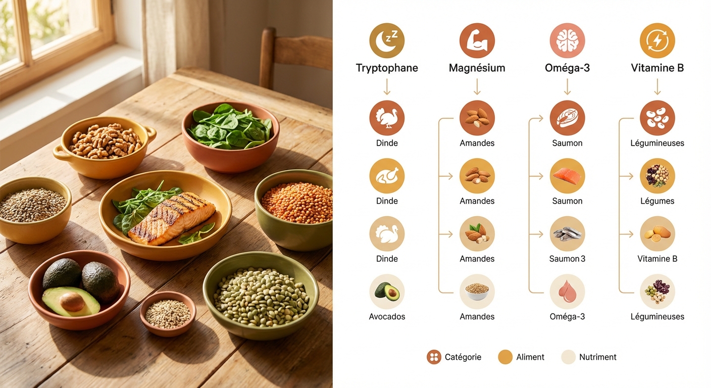 Tableau des nutriments régulateurs d'émotions et leurs sources alimentaires