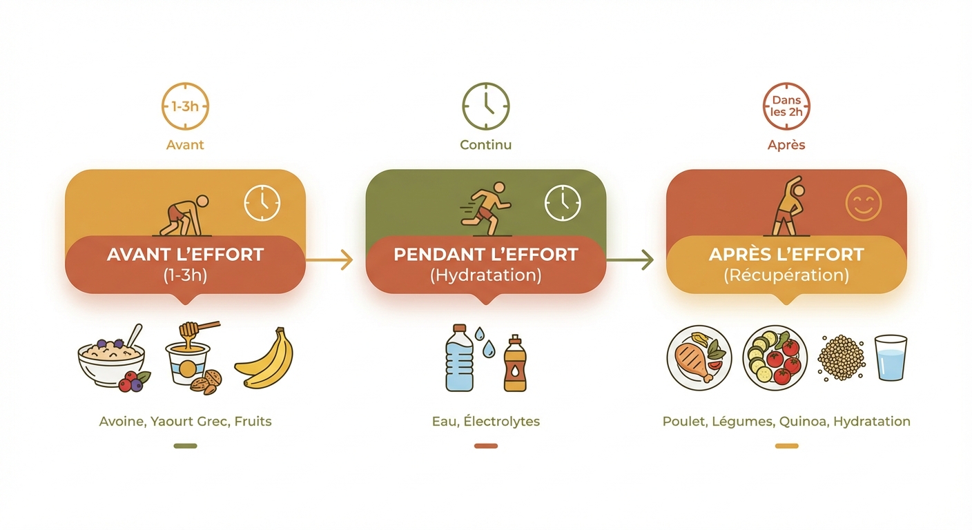 Chronologie de l'alimentation sportive anti-fatigue : avant, pendant et après l'effort