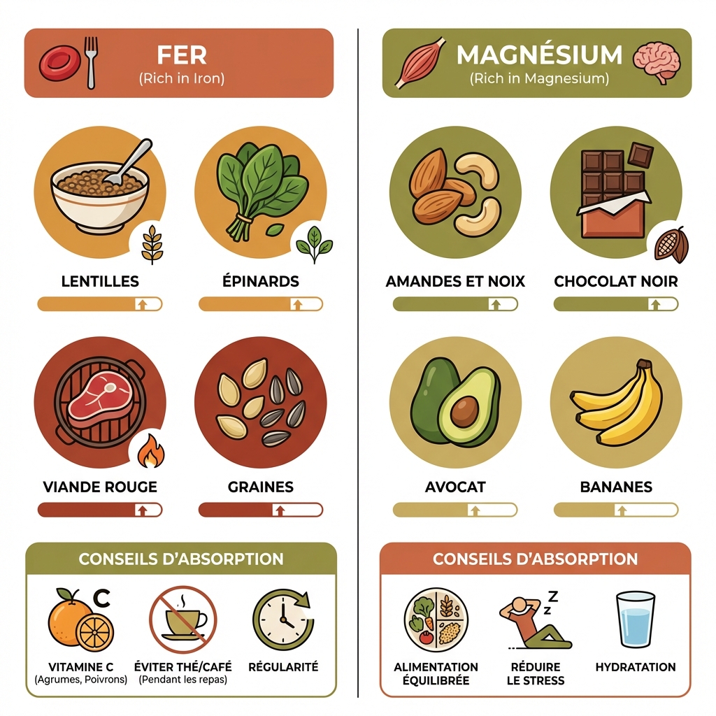 Comparatif des aliments riches en fer et en magnésium avec conseils d'absorption