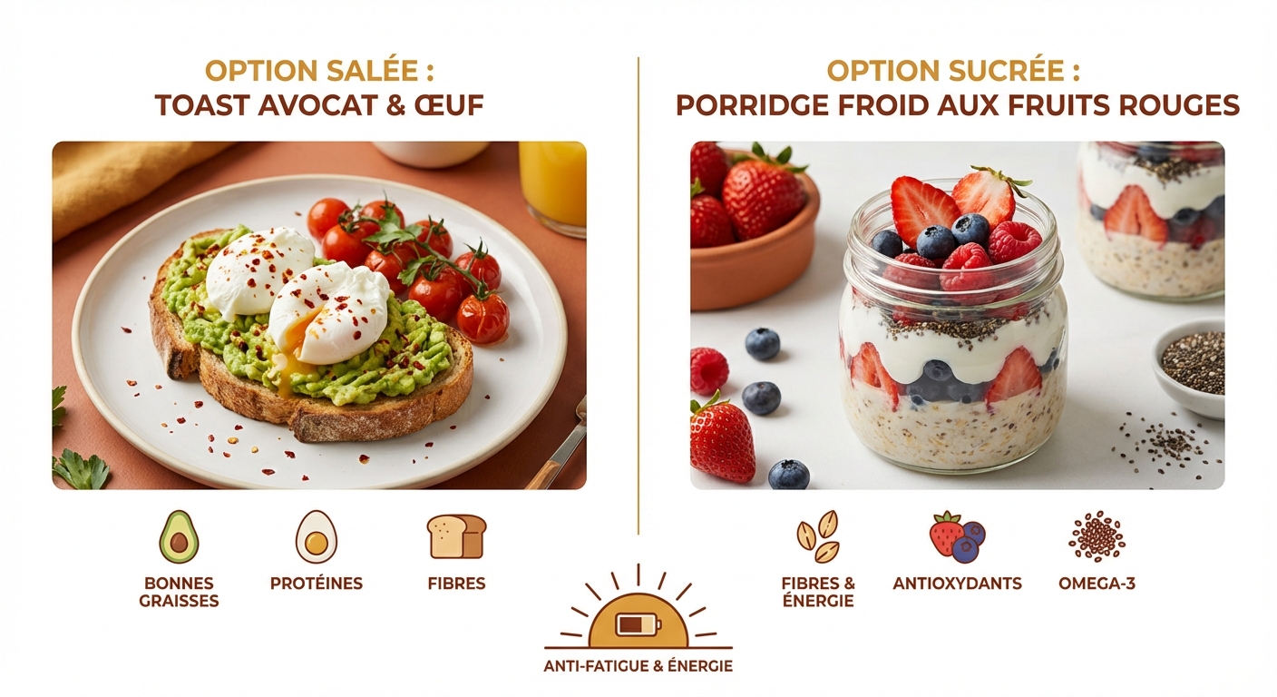 Deux options de petit-déjeuner anti-fatigue : version salée et version sucrée
