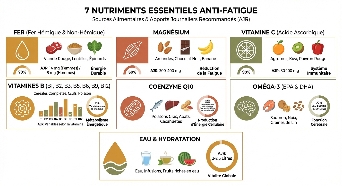 Infographie des 7 nutriments essentiels anti-fatigue avec leurs sources alimentaires