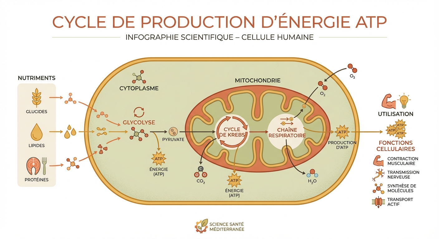 Infographie du cycle de production d'énergie ATP à partir des nutriments alimentaires