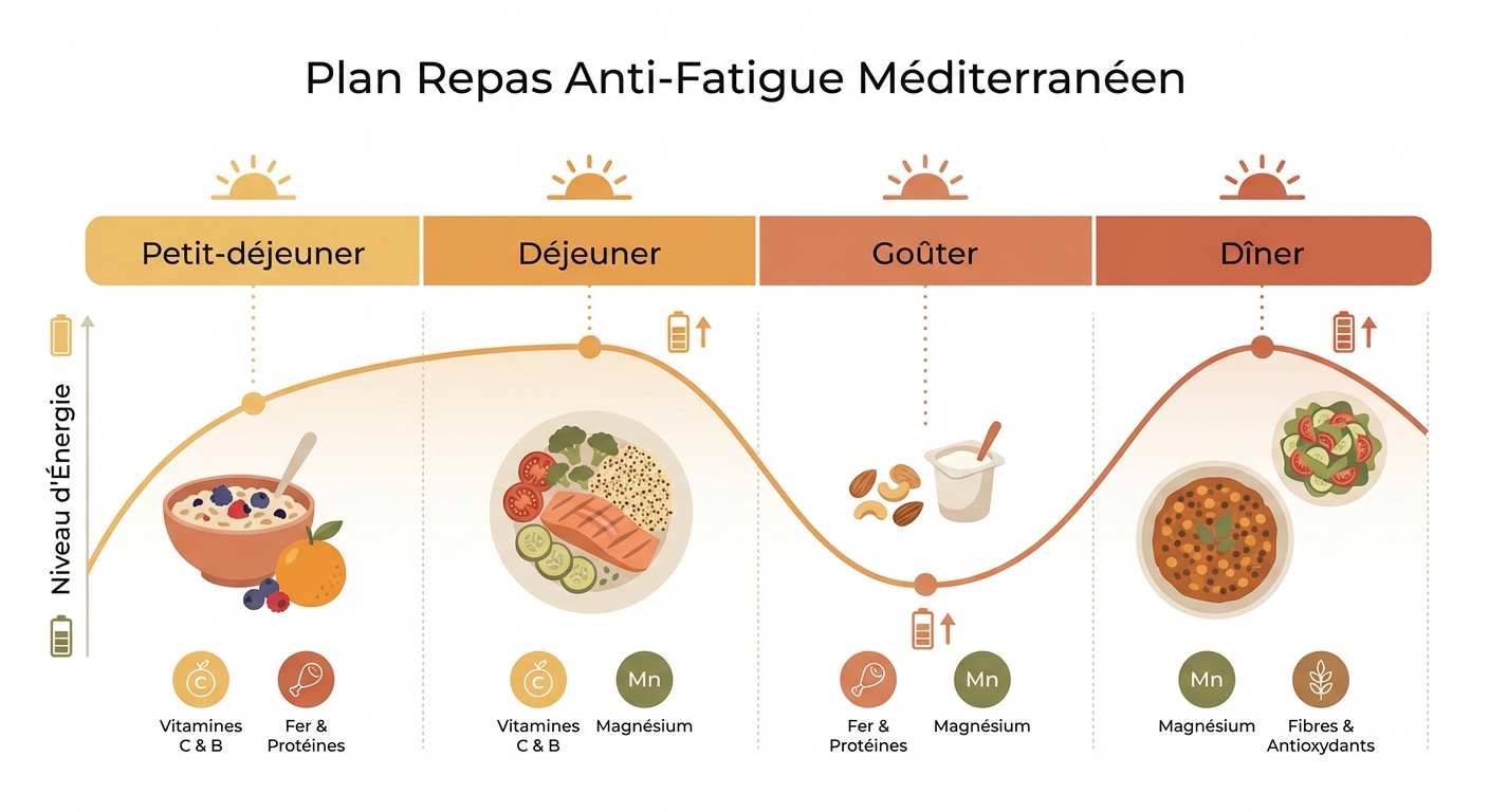 Plan alimentaire anti-fatigue type sur une journée avec courbe d'énergie