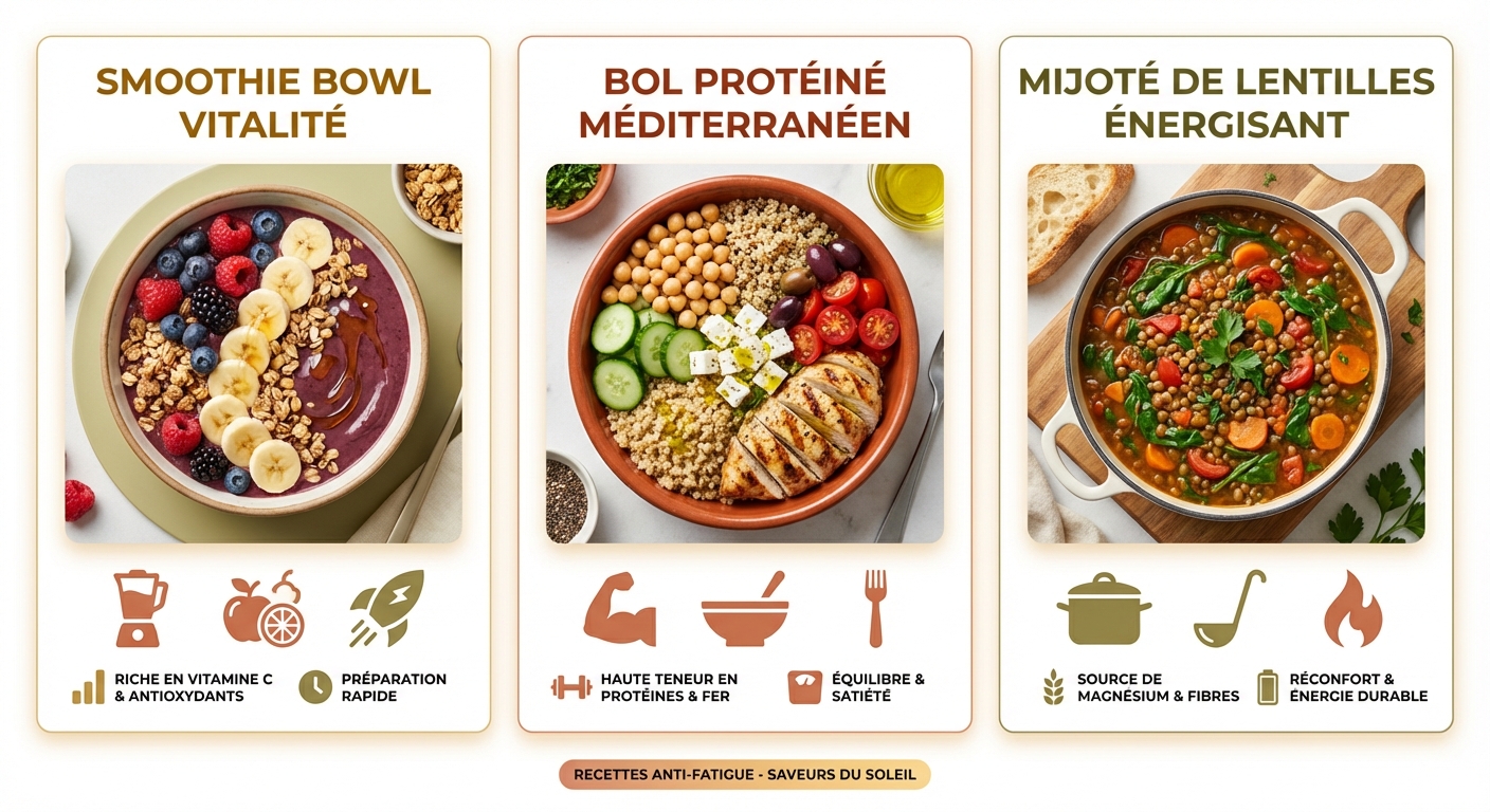 Trois recettes anti-fatigue gourmandes : smoothie bowl, bowl protéiné et one-pot lentilles