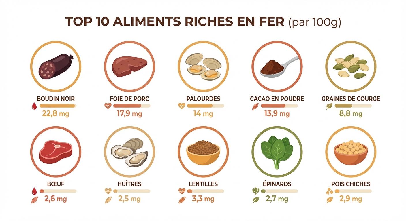 Classement des 10 aliments les plus riches en fer avec leur teneur pour 100 grammes