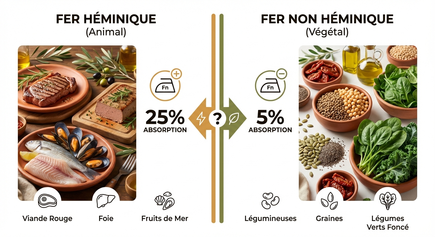Comparaison visuelle entre les aliments riches en fer héminique et non héminique avec taux d'absorption