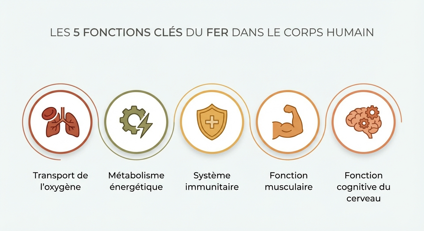 Infographie des 5 fonctions essentielles du fer dans l'organisme humain