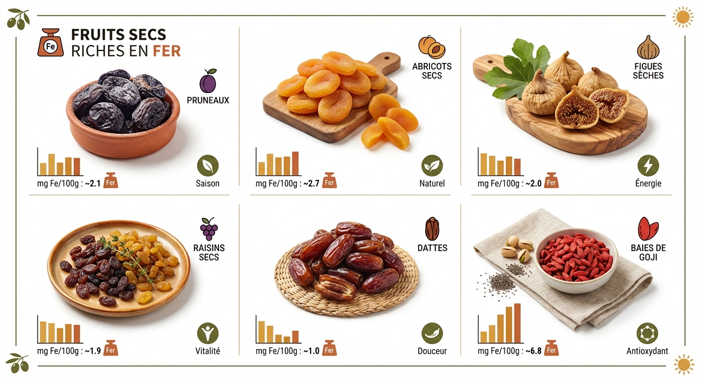 Les fruits séchés et frais les plus riches en fer avec leur teneur