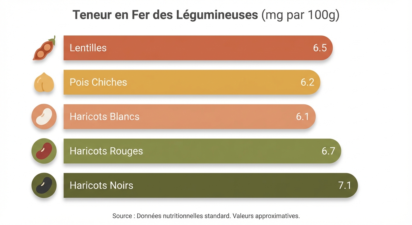 Variétés de légumineuses riches en fer présentées avec leur teneur