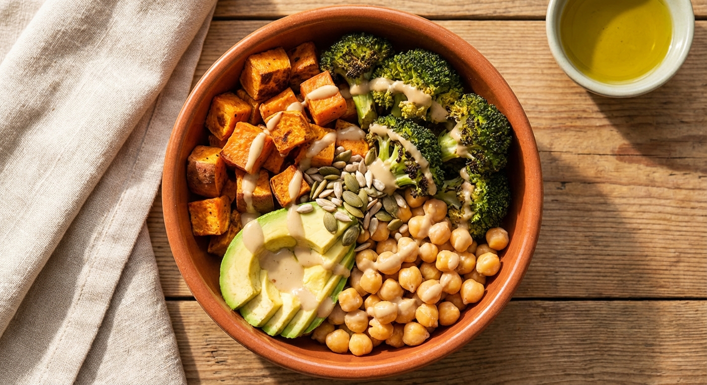 Buddha bowl vitalité aux légumes de saison, graines et pois chiches — recette batch cooking bien-être