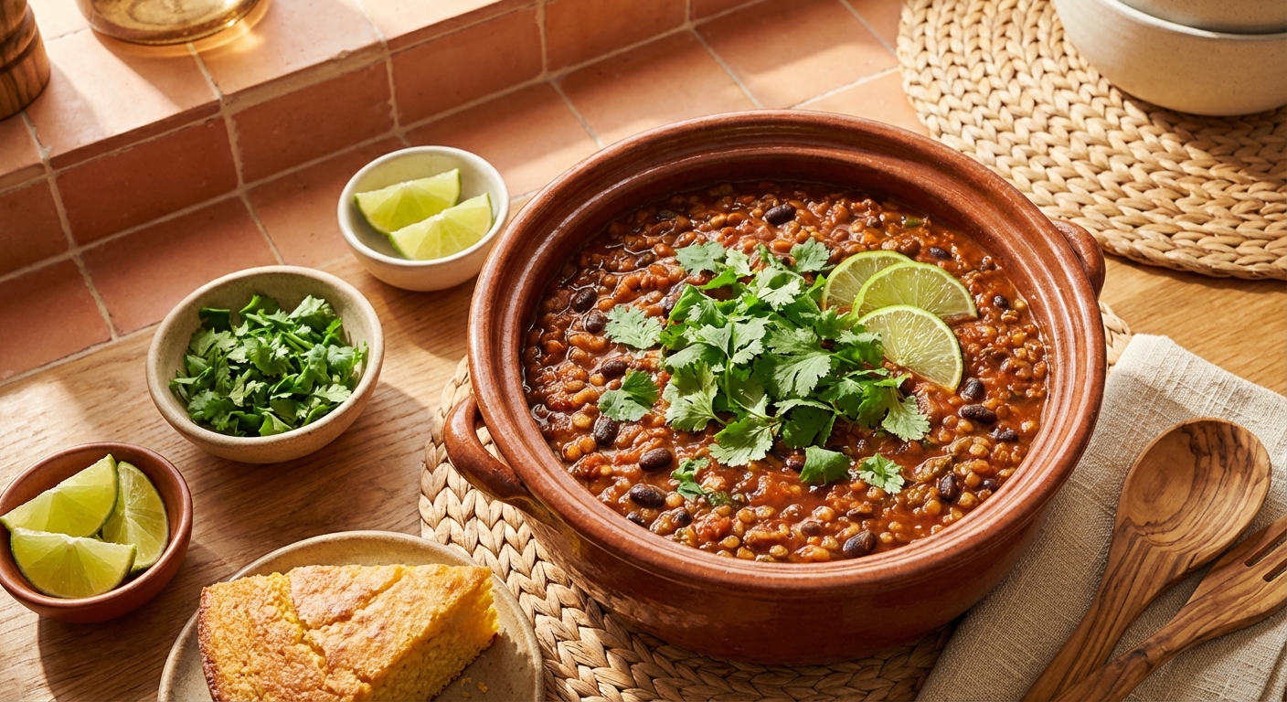 Chili végétarien aux lentilles et haricots noirs, recette batch cooking familiale