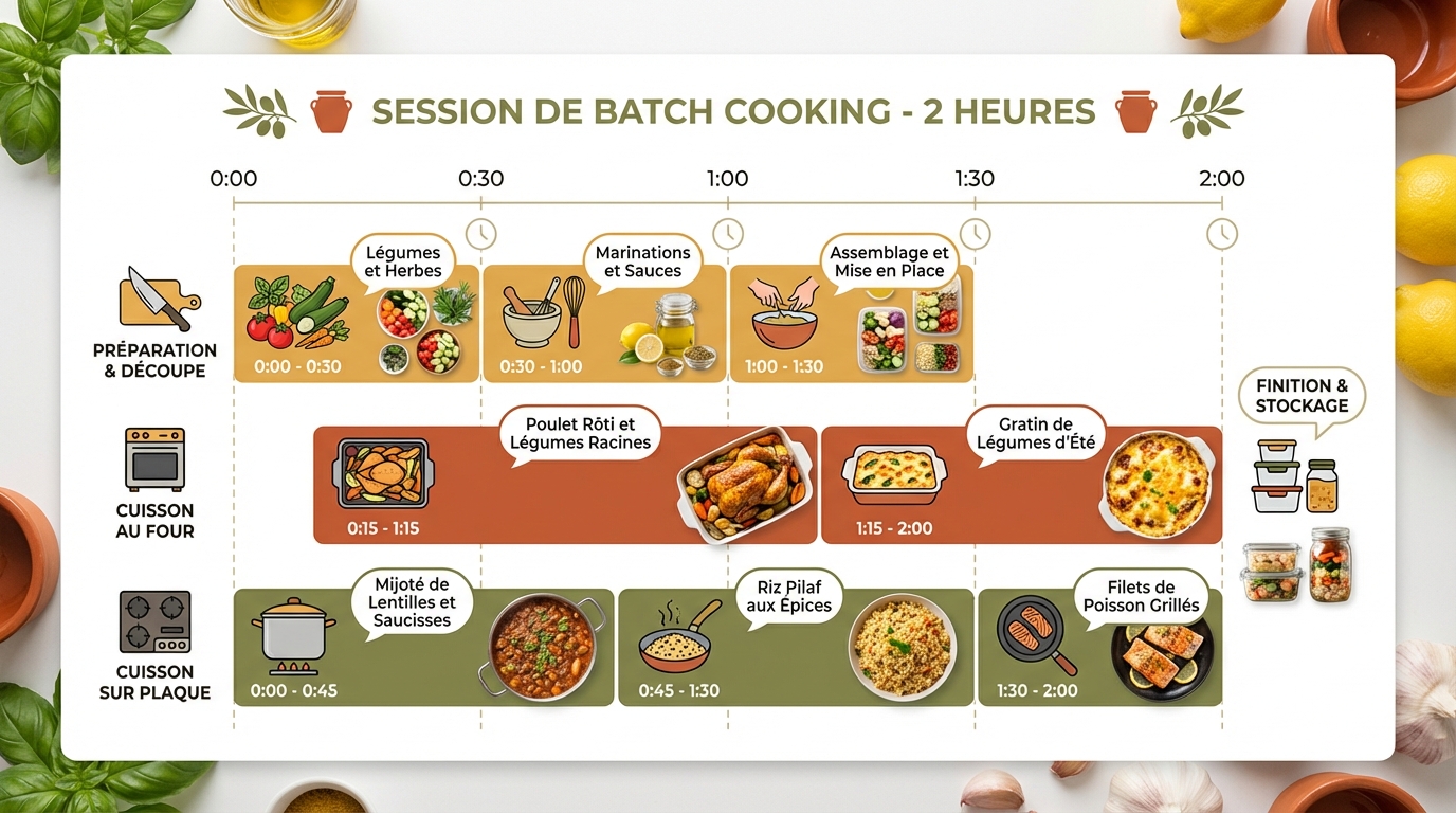 Chronologie d'une session de batch cooking de 2 heures avec tâches parallèles
