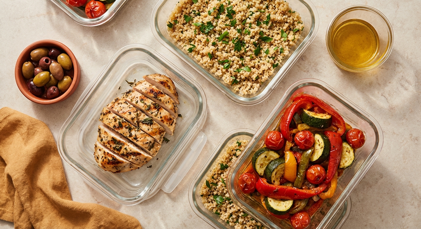 Composants de batch cooking dans des contenants en verre : protéines, féculents et légumes préparés séparément