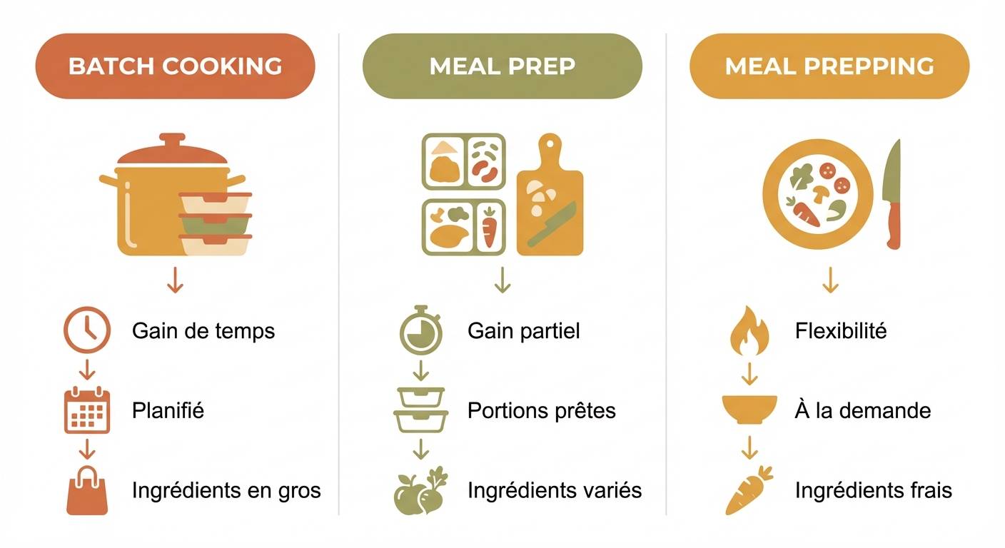 Infographie comparative : batch cooking, meal prep et meal prepping — différences et points communs