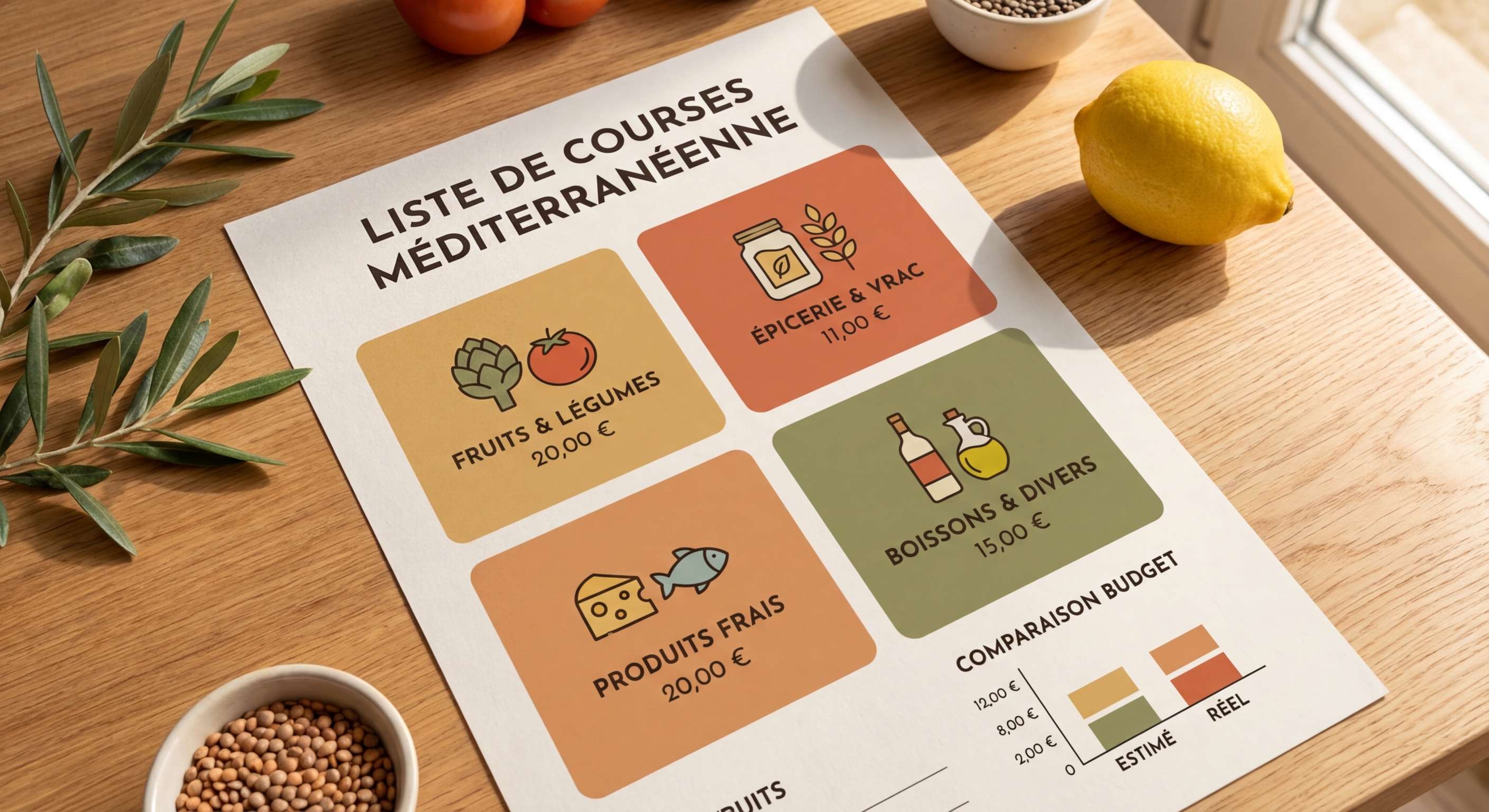 Liste de courses batch cooking par rayon avec estimation du budget hebdomadaire
