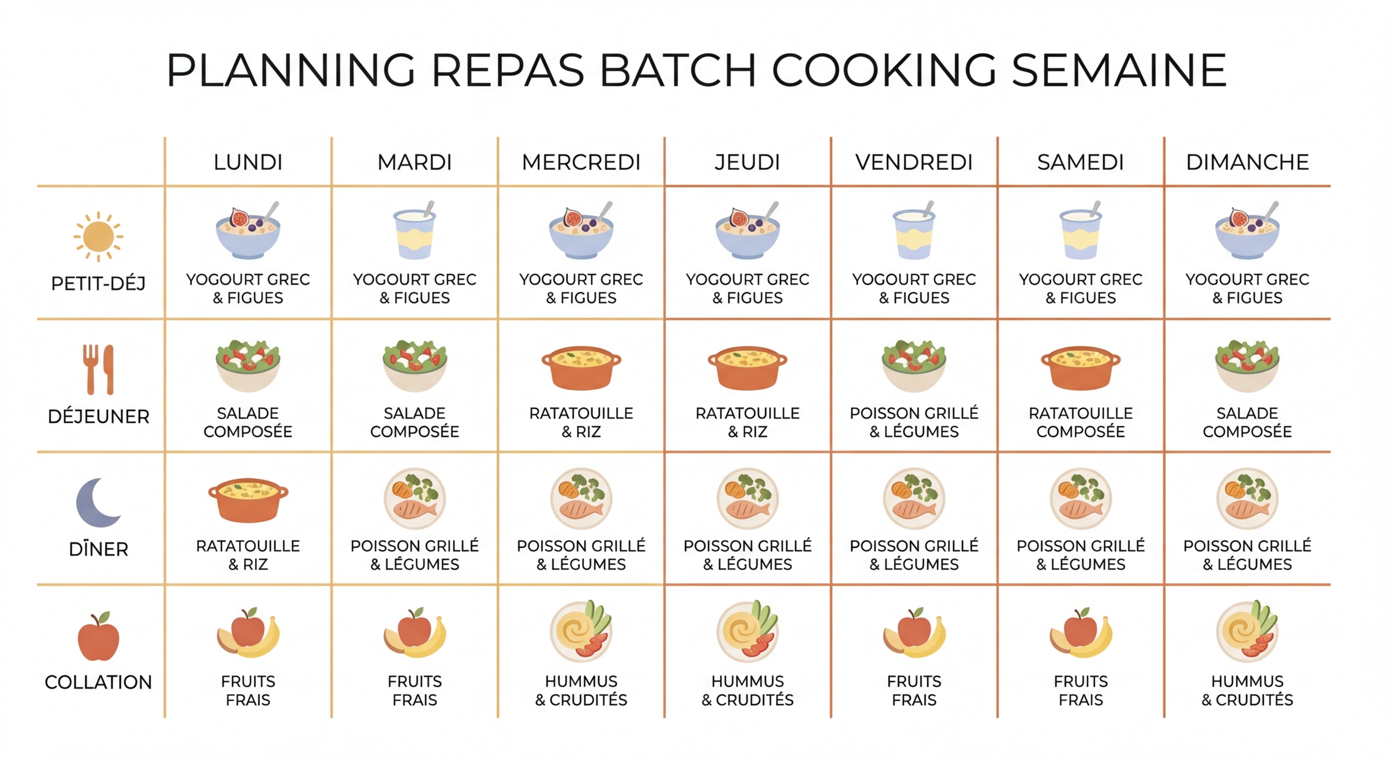 Planning batch cooking sur 7 jours : petit-déjeuner, déjeuner, dîner et collation