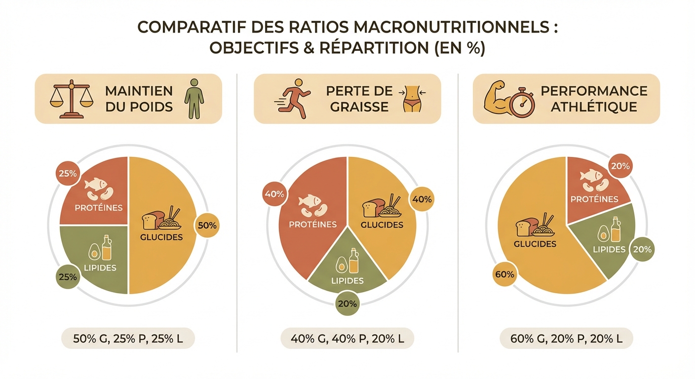 Tableau comparatif des ratios macronutriments selon trois objectifs : maintien, réduction de masse grasse, performance