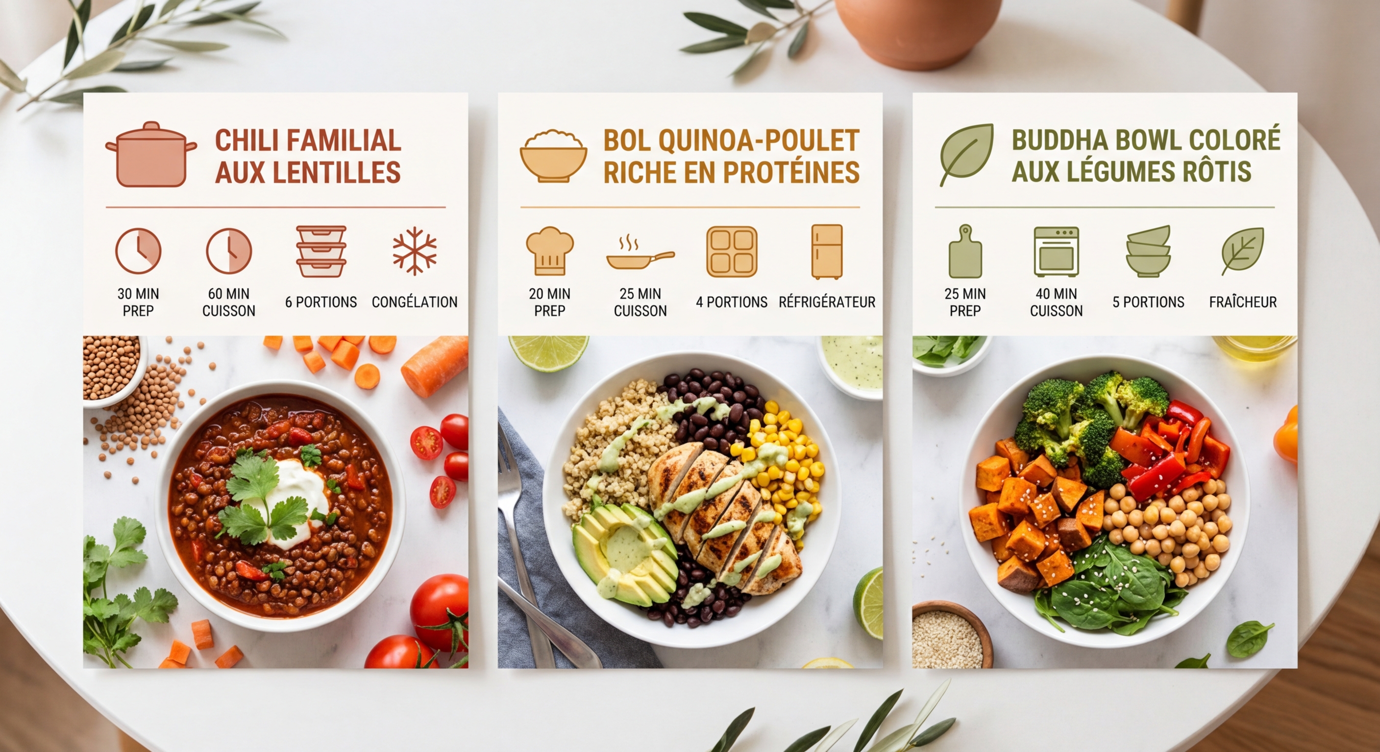 Trois recettes de batch cooking : chili familial aux lentilles, bowl protéiné poulet-quinoa, buddha bowl vitalité