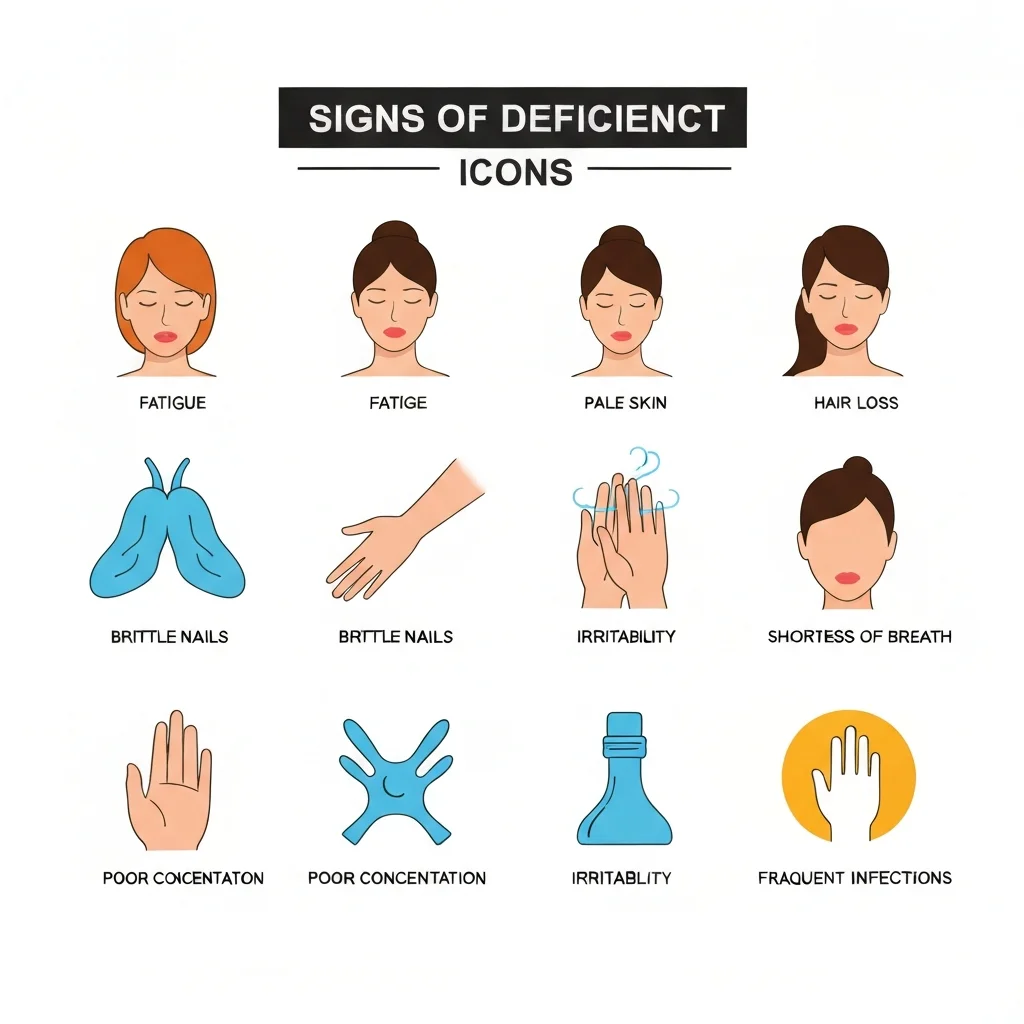 Checklist visuelle des 8 signes de carence en fer : fatigue, pâleur, chute de cheveux, ongles cassants