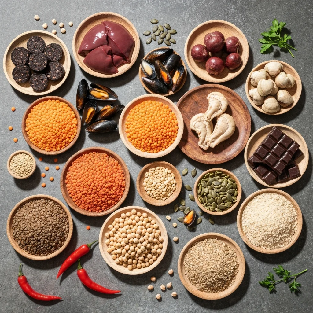 Top 15 des aliments les plus riches en fer classés par catégorie avec teneur en mg pour 100 g