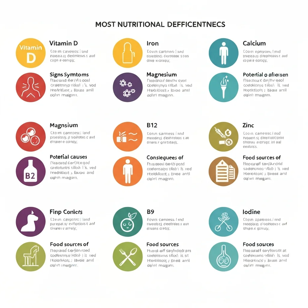 Infographie présentant les huit carences nutritionnelles les plus courantes avec leurs nutriments clés