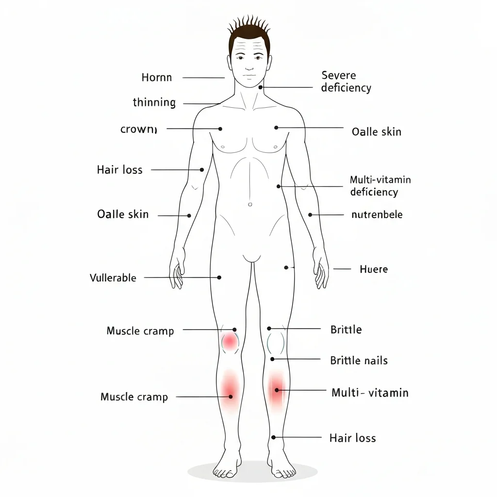 Silhouette du corps humain montrant les symptômes des carences nutritionnelles par zone corporelle