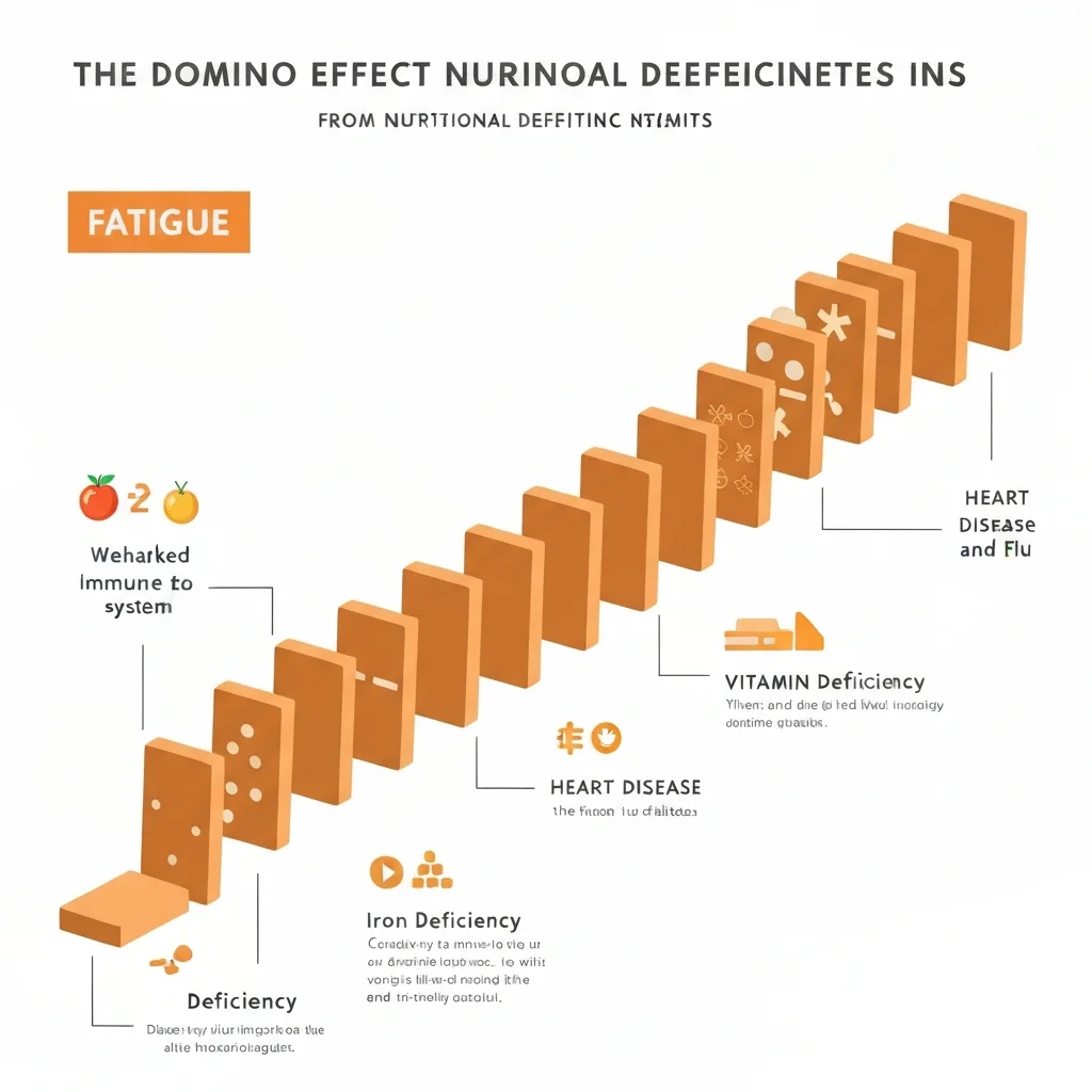 Infographie illustrant l'effet domino des carences nutritionnelles sur la santé, de la fatigue aux maladies chroniques
