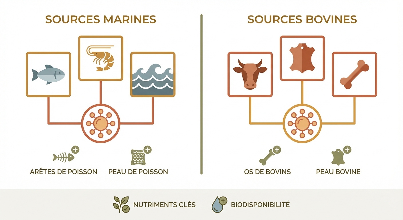 Comparaison visuelle des sources de collagène marin et bovin