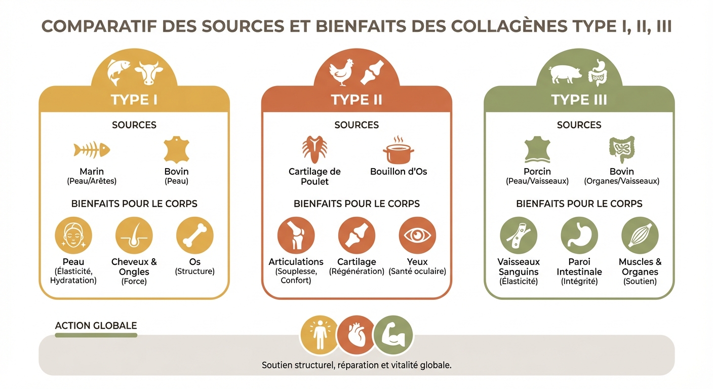 Comparatif des types de collagène I, II et III