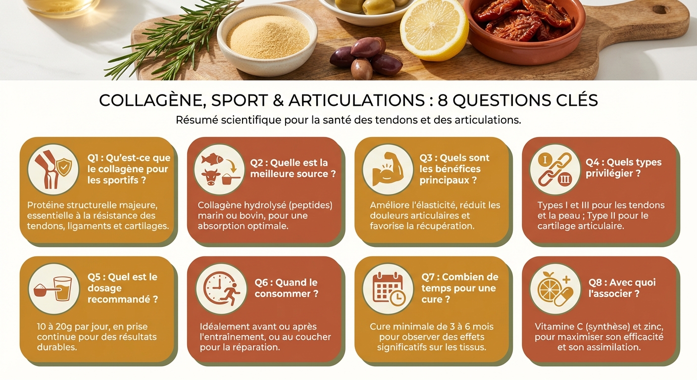Infographie récapitulative des questions fréquentes sur le collagène, les tendons et les articulations