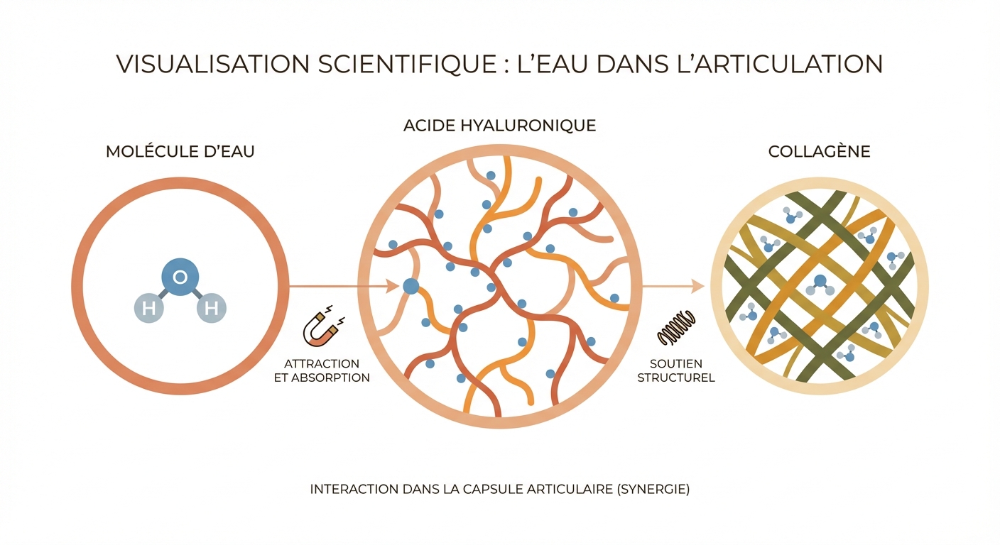Interaction entre l'eau, l'acide hyaluronique et le collagène dans l'articulation