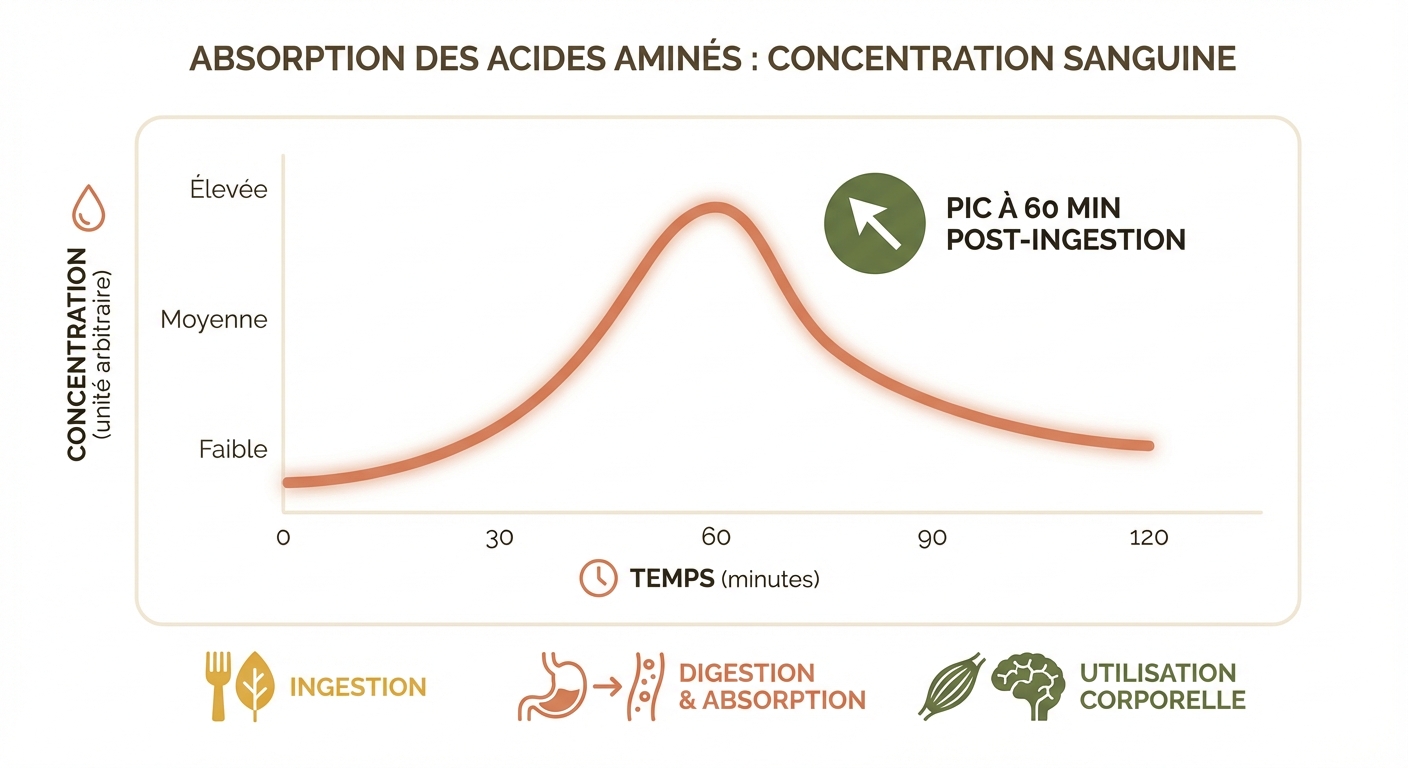 Pic de concentration sanguine des acides aminés 60 minutes après ingestion