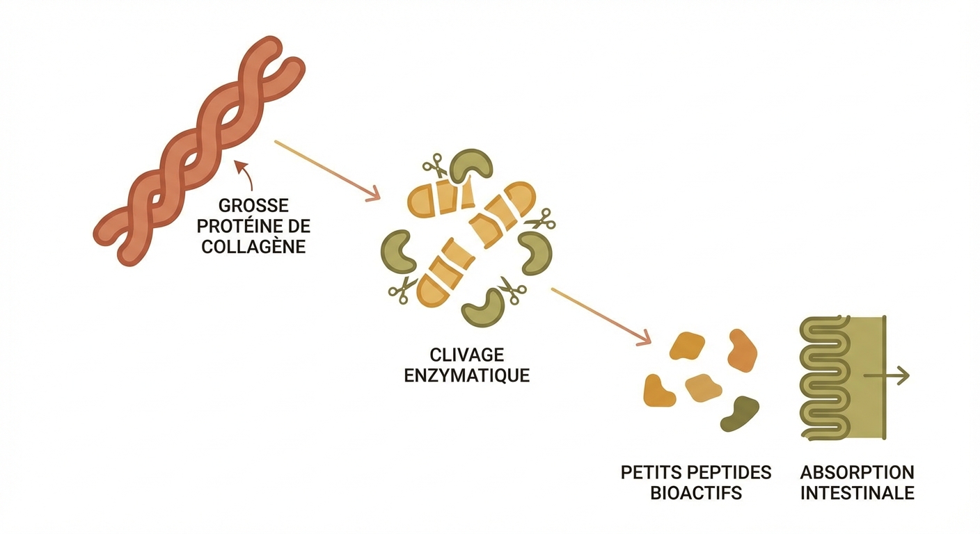 Processus d'hydrolyse et d'absorption intestinale des peptides de collagène